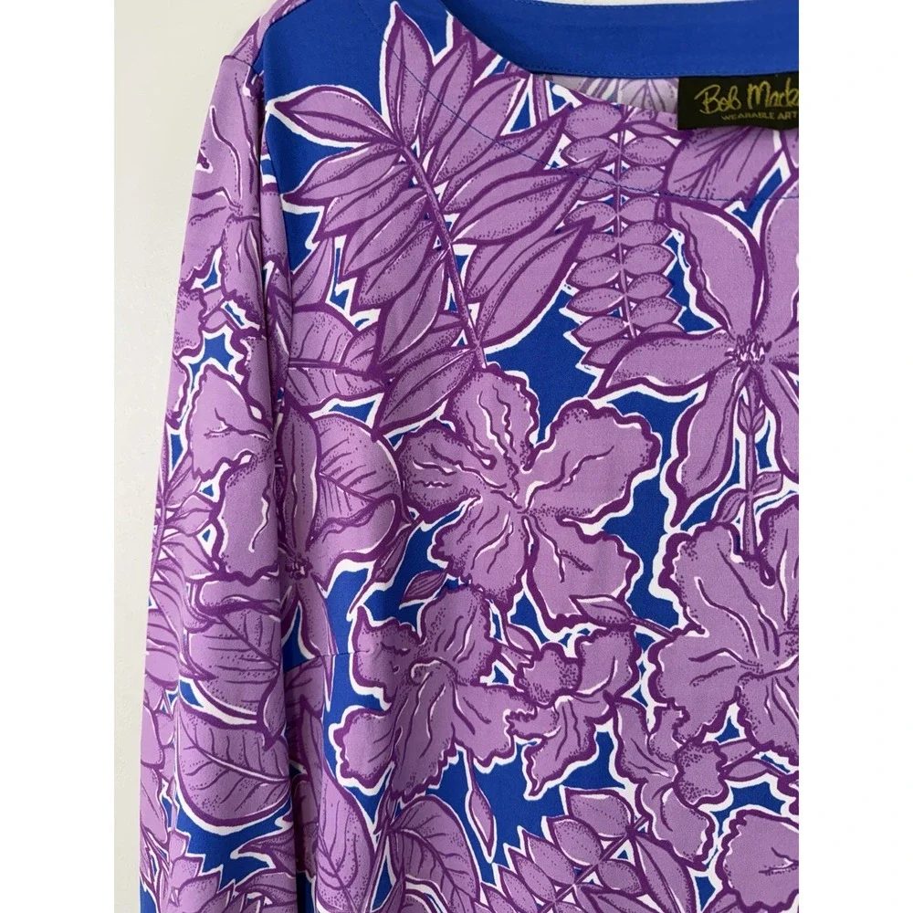 Bob Mackie‎ Wearable Art Blue Tunic W Lavender Flowers Scoopneck Size L